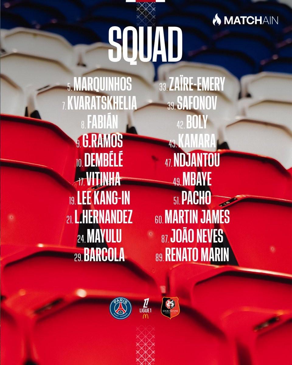 巴黎战雷恩大名单：登贝莱领衔，舍瓦利耶、扎巴尔尼缺阵