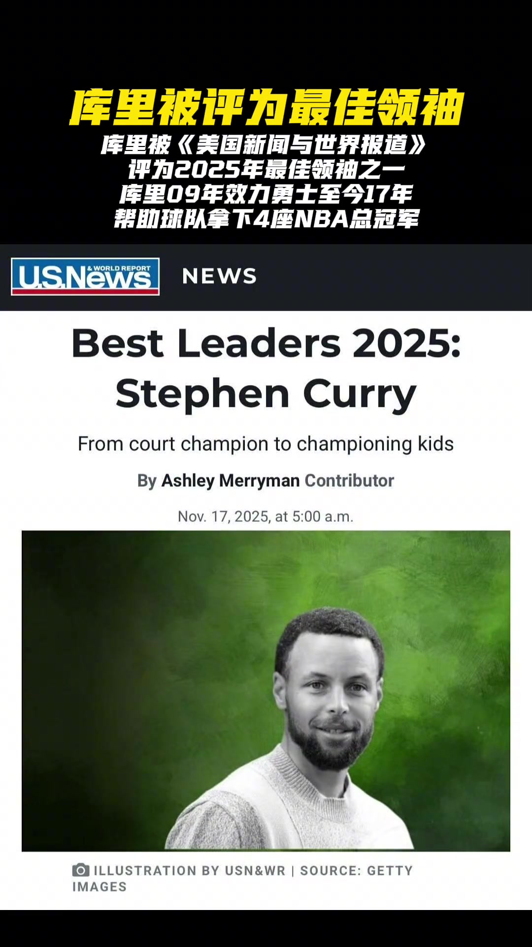 恭喜库里被美国新闻与世界报道评为2025年最佳领袖之一