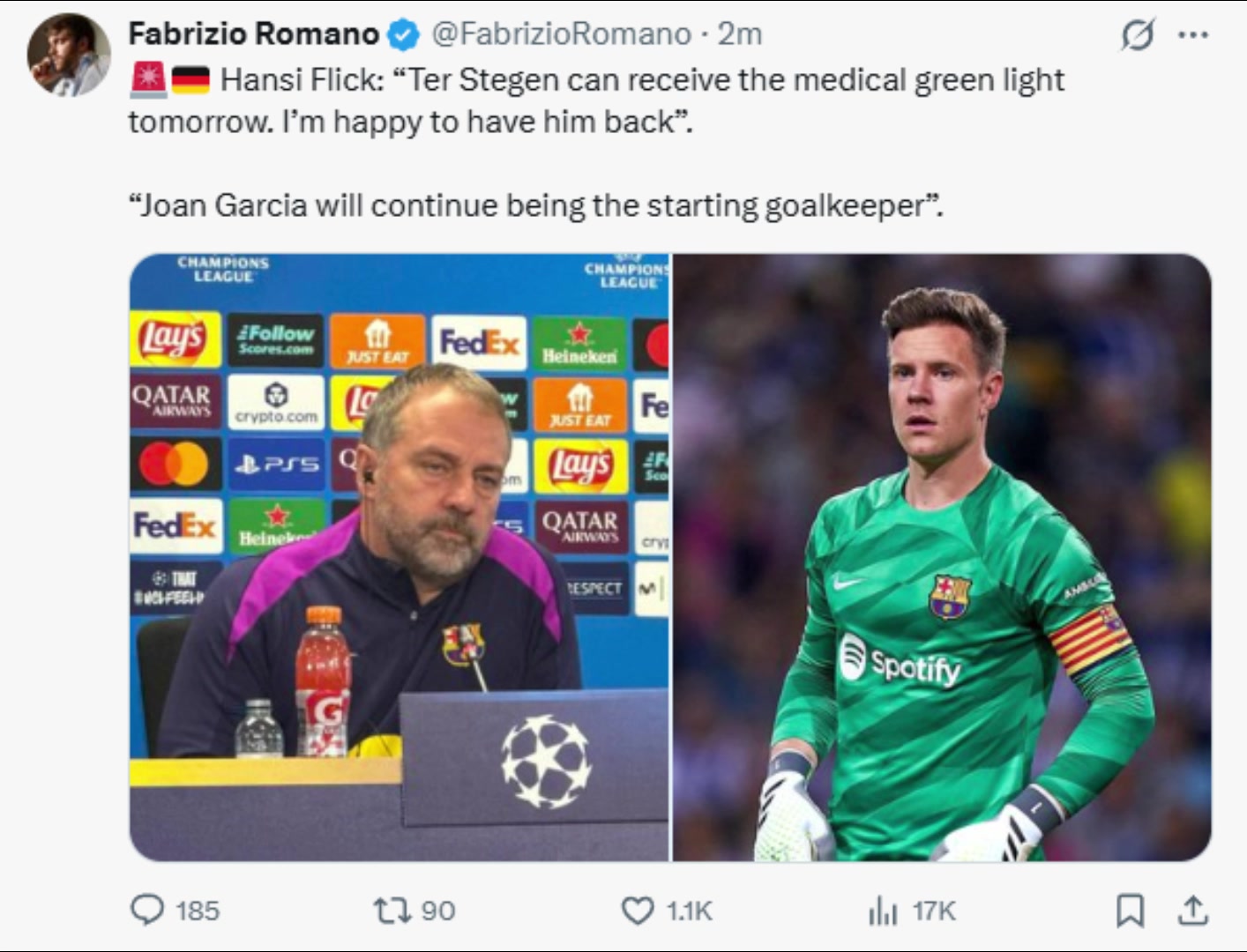 弗里克特尔施特根明天就能通过体检我很高兴他能回归